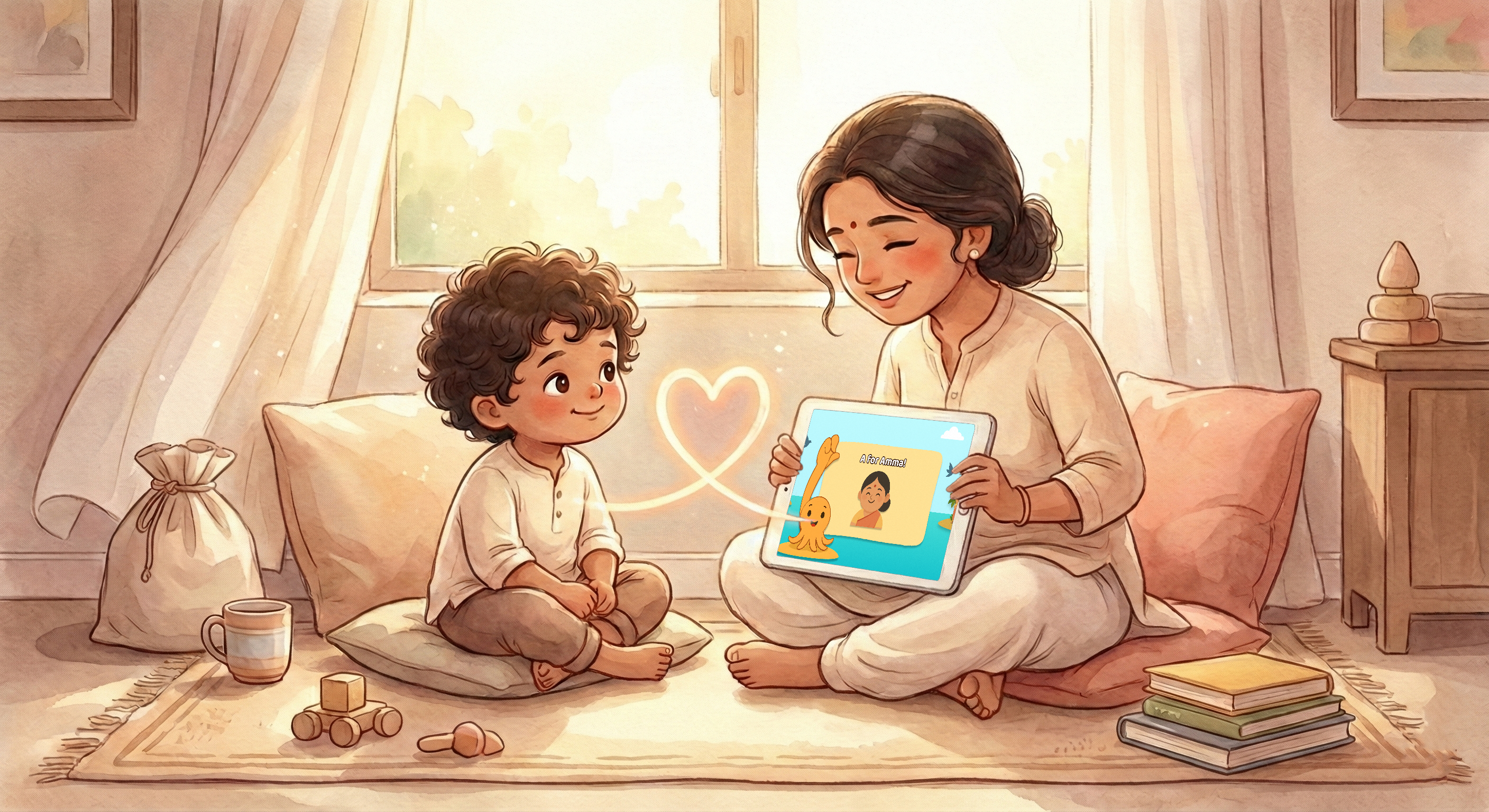 Mother teaching child with NamasteABC app