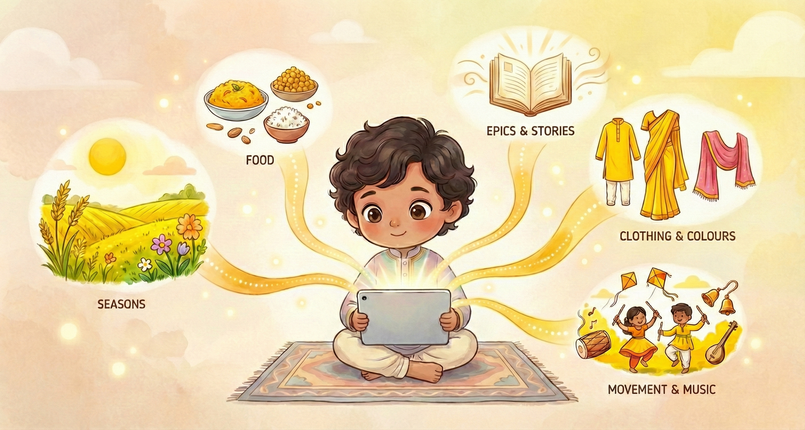 Child learning about festivals through seasons, food, epics, clothing and music